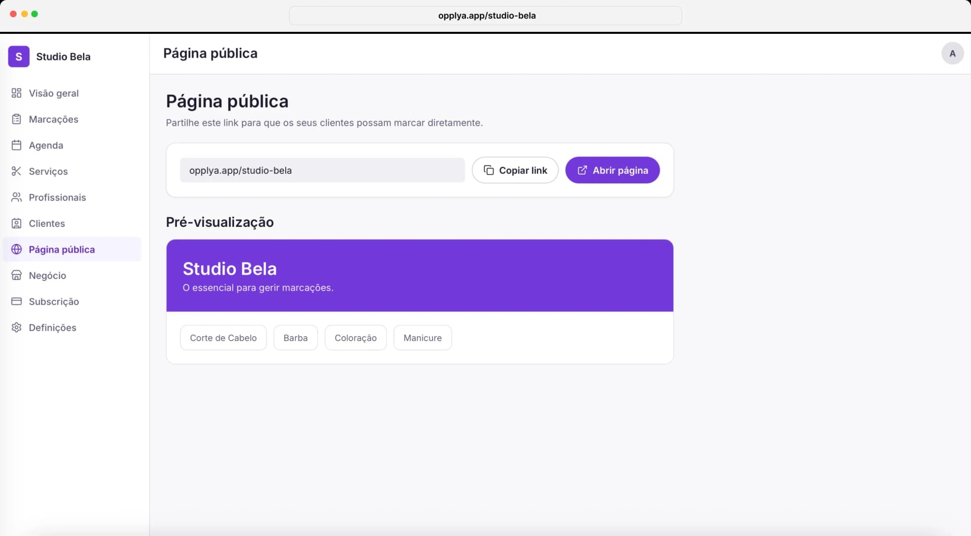 Página pública de marcações da Opplya