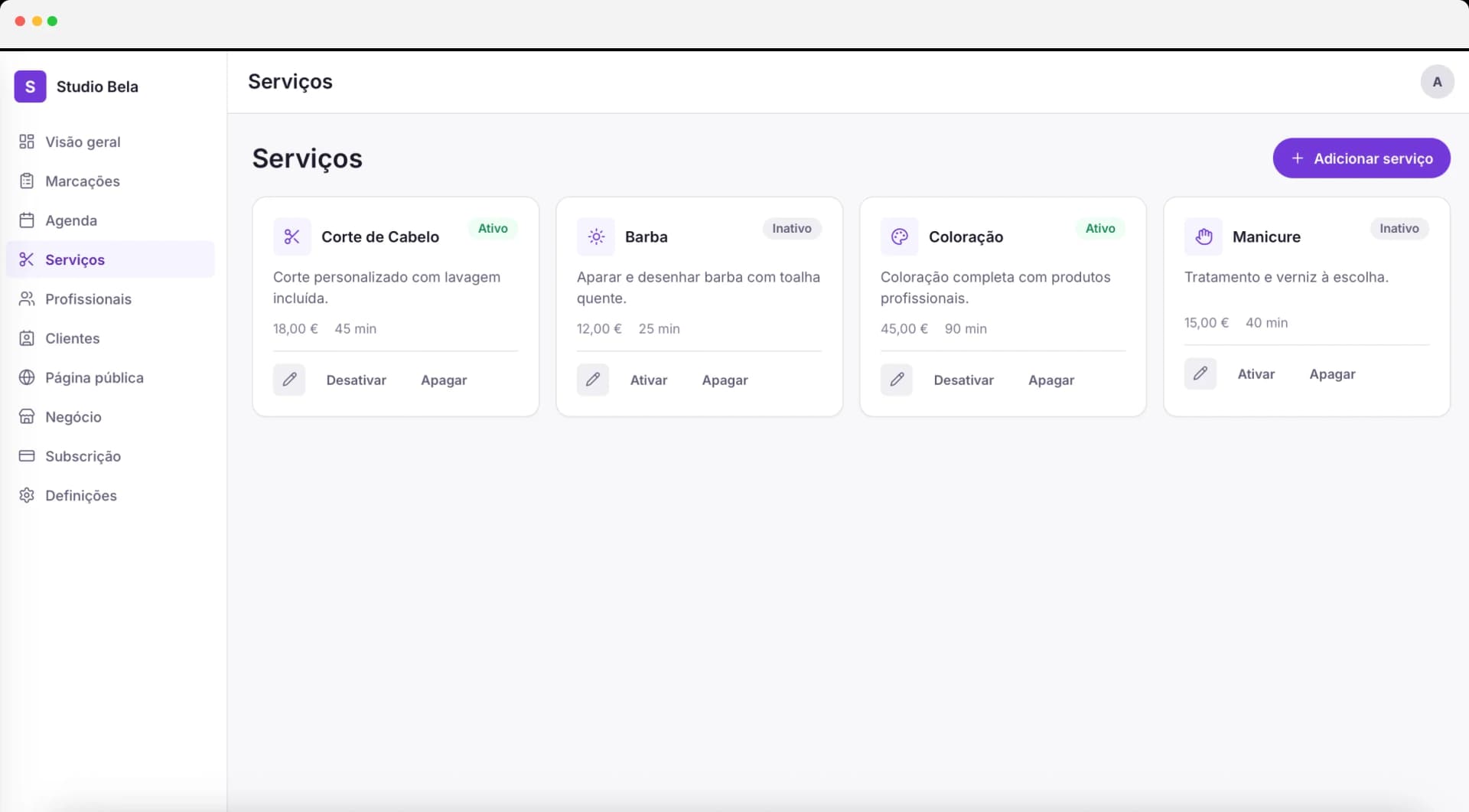 Gestão de serviços no dashboard Opplya