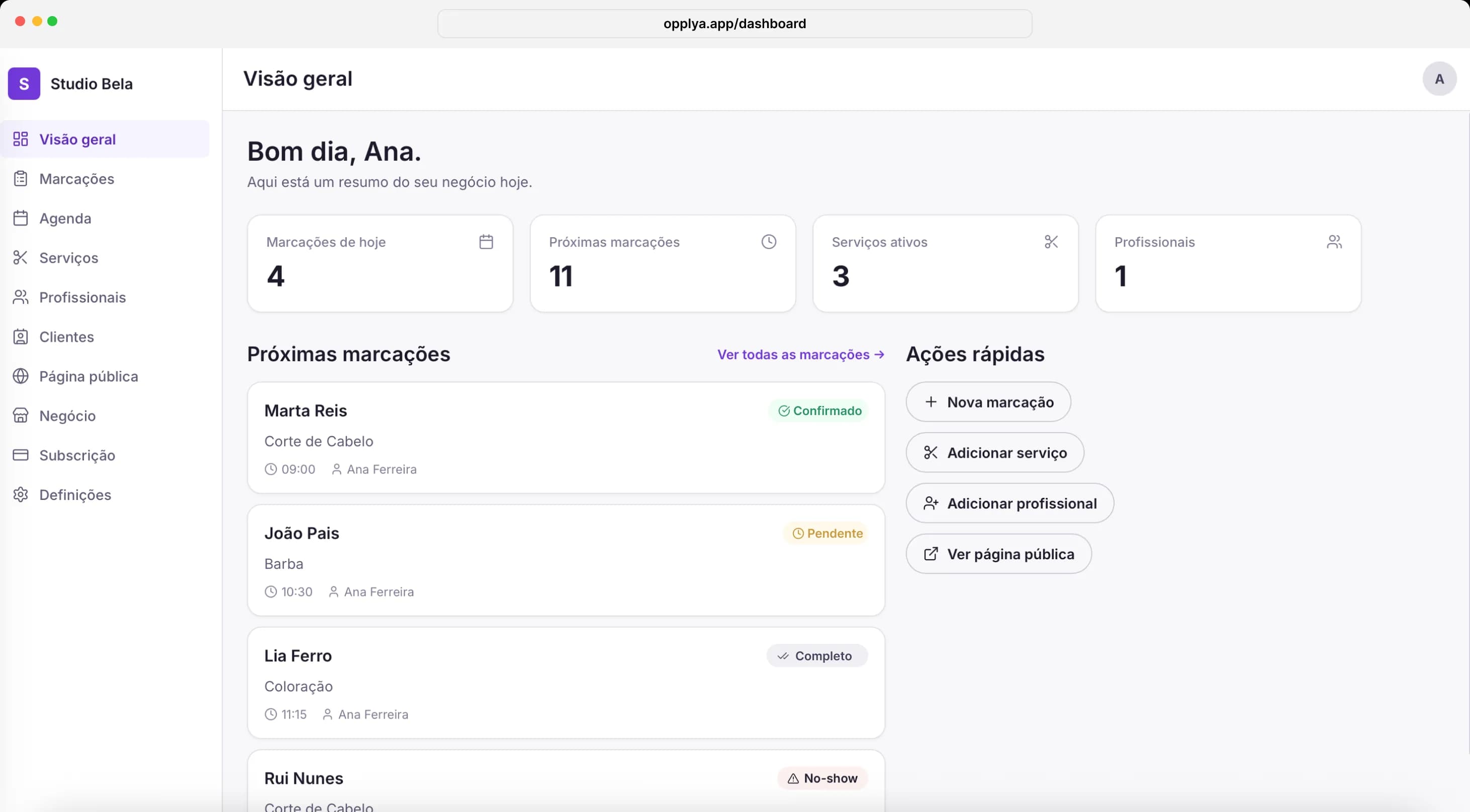 Vista geral do dashboard Opplya — agenda, marcações e métricas